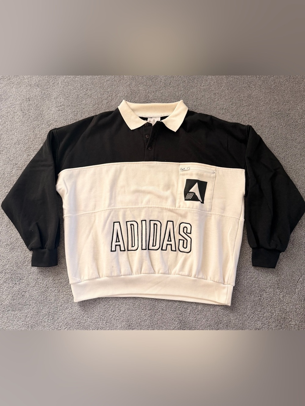 Vintage 90s Adidas Oversized Trefoil Sweatshirt Polo Black and White Medium